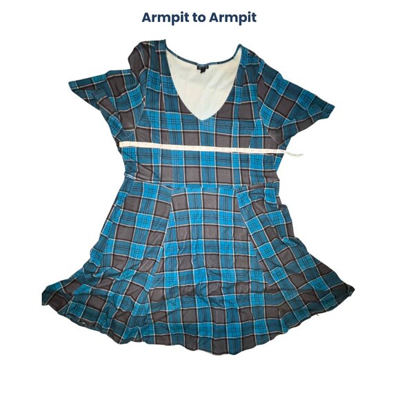 Gently Used - Torrid Mini Ponte V-neck Skater Dress Blue & Gray Plaid Size 3x - Picture 11 of 12